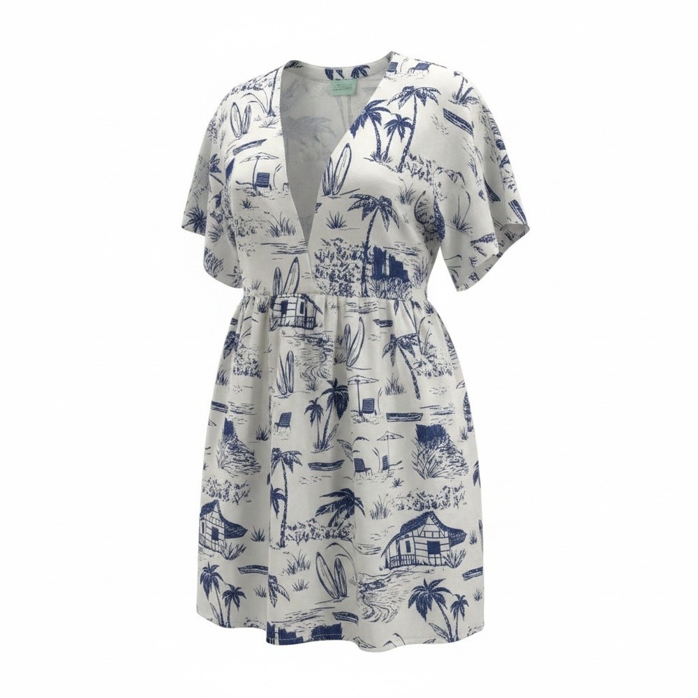 True Destinations Blue White Tropical Toile Rayon V-Neck Tunic Top Large Coverup